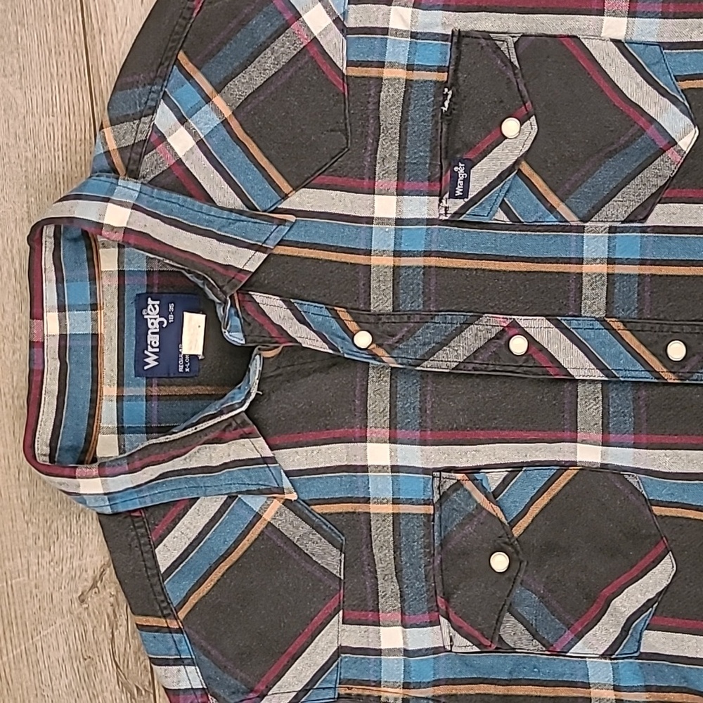 WRANGLER X-Long Tails Flannel Cotton Blue Grey Plaid‎ 18 x 35 Snap Western Shirt